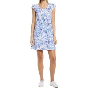 Lilly Pulitzer Bridgitte Dress XXS  Blue Floral Ruffle Sleeve Cotton Cottagecore